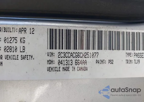 2012 Chrysler 300 Limited z USA, uszkodzony, nr VIN 2C3CCACG6CH251077